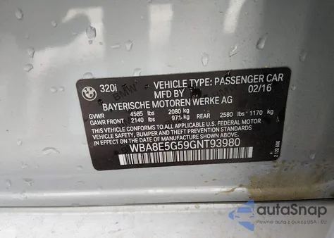 2016 BMW 320I xDrive from USA, damaged, VIN WBA8E5G59GNT93980